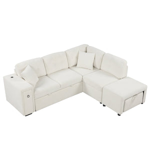 English Elm 86.6" Sectional Sofa L-Shaped Pull-Out Sofa Bed with Ottoman, USB Ports, Cup Holders & Chenille Comfort Beige N719S001560A