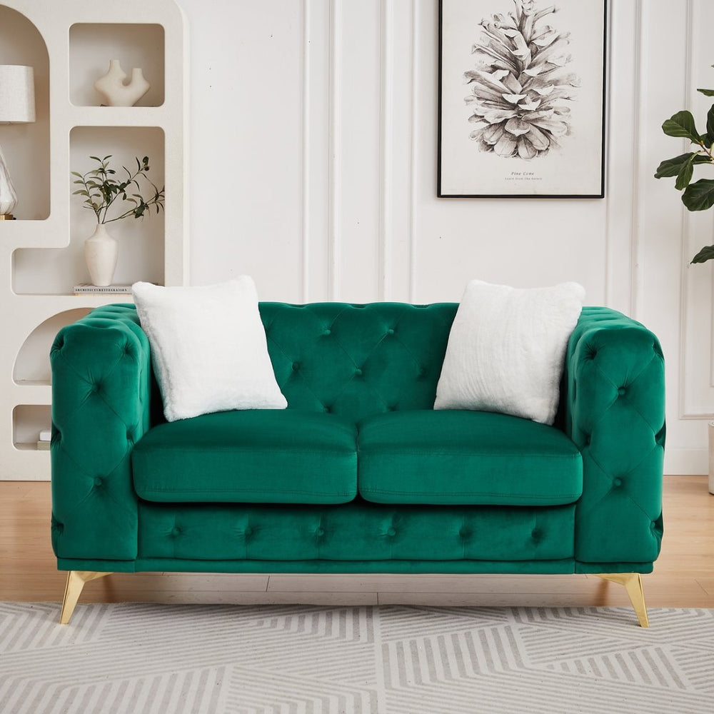 English Elm Fx Velvet Chesterfield Sofa Button Tufted Diamond Quilted Design with Accent Pillows Green W1926S00078