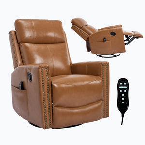 English Elm Orange Genuine Leather Massage Rocking Swivel Recliner with Lumbar Heat for Living Room W1803P323715