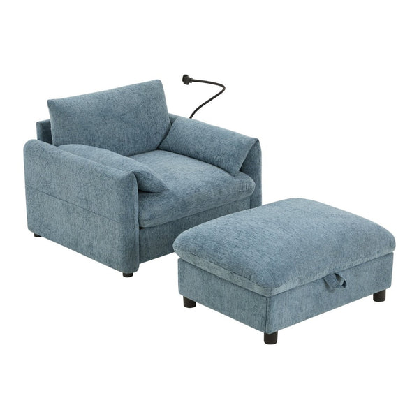 English Elm 37" Oversized Chenille Armchair with Ottoman Usb Charging Pocket Spring Living Room Blue N723P387145C