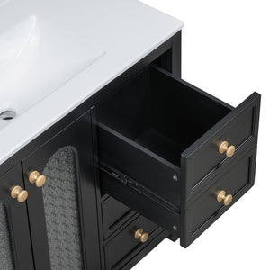 English Elm 36-inch ceramic basin vanity with patterned glass doors, gold round handles & ample storage drawers Black N729P184710B