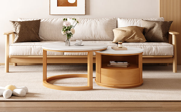 English Elm Round Nesting Coffee Table with Marble-Style White Top, 2-Tier Storage & Drawer, Natural Wood Finish—Space-Saving Modern Design for Small Living Rooms (28.5") N735P305621N