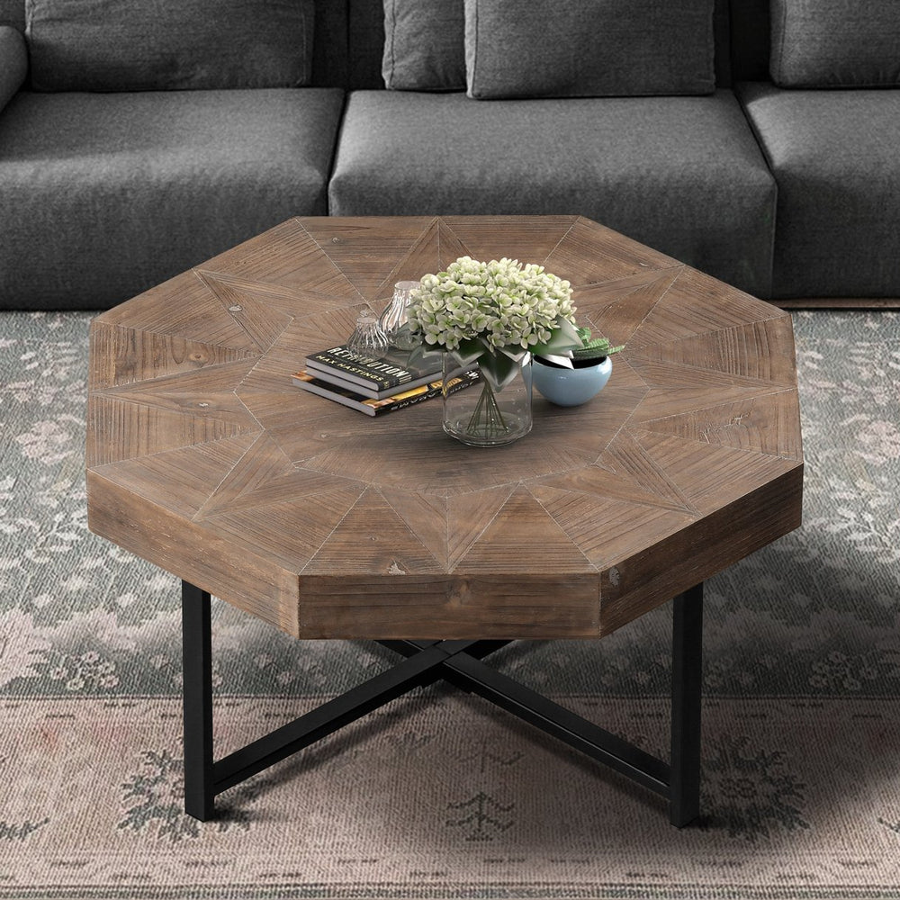 English Elm Wood Octagonal Vintage Patchwork Craft Farmhouse 30-Inch Wooden Table Top with Cross Metal Legs, Stylish Living Room Centerpiece Antique brown W1445P193125