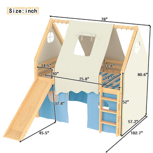 English Elm Full Size Pine Loft Bed with Slide Tent Panels Led Lights and Play Space Below W1580S00292