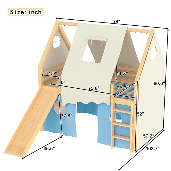 English Elm Full Size Pine Loft Bed with Slide Tent Panels Led Lights and Play Space Below W1580S00292