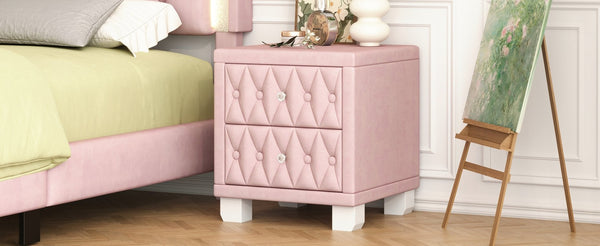 English Elm Elegant Velvet Upholstered Nightstand with Crystal Knobs Tufted Glam Bedside Storage Pink N733P210398H