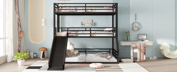 English Elm Twin Bunk Bed With Slide - Metal Triple Bunk For Kids, Heavy-Duty, Noise-Reduced, Safety Guardrails W1580S00173-GIGA
