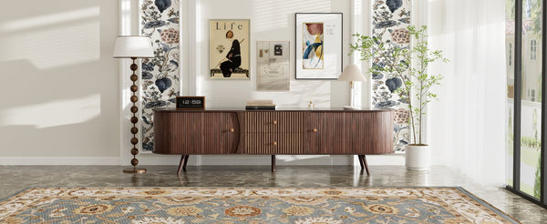 English Elm 70 Inch Mid Century Media Console with Tambour Doors Fluted Drawers and Wood Legs N710P419840P
