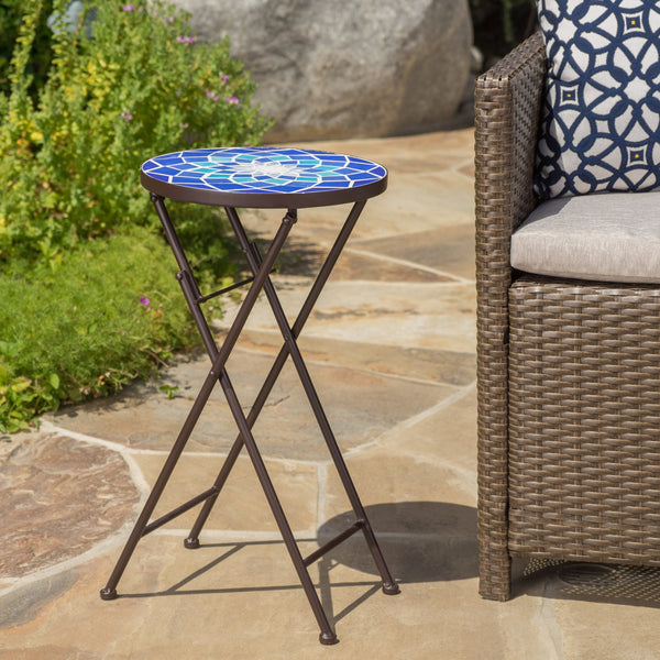 English Elm Christopher Knight Home® - Outdoor Folding Accent Table Ceramic Tile Glass Top with Iron Frame, Blue & White Patio Pop-up Charm 61300.00