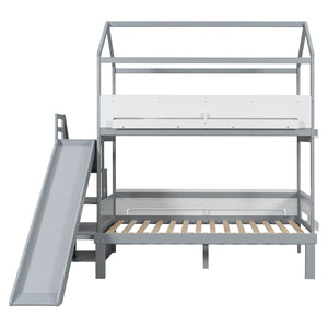 English Elm House-shaped Pine Bunk Bed with Built-in Slide Storage Staircase Twin Over Full Kids Frame Grey+White N820S00082E