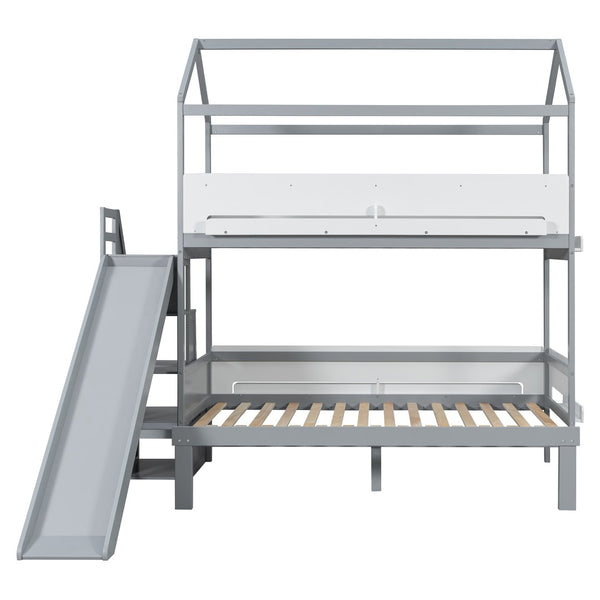 English Elm House-shaped Pine Bunk Bed with Built-in Slide Storage Staircase Twin Over Full Kids Frame Grey+White N820S00082E