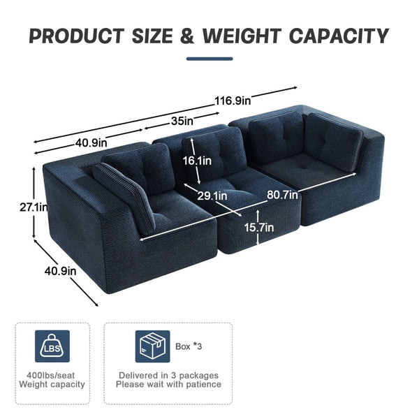 English Elm Modern Corduroy Sectional Sofa Tufted Modular Deep Seat Living Room Couch Blue W714S01801