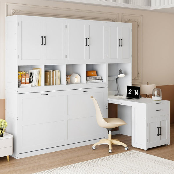 English Elm Twin Murphy Wall Bed with Integrated Closet Drawers and Desk for Studio Spaces White LP000595AAK-2