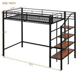 English Elm Twin Metal Loft Bed with Upper Grid Storage Shelf and 4-Layer Ladder Shelves for Space Saving Black SF100081AAB