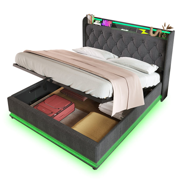 English Elm King Upholstered Bed with Surround LED, App/Remote Control, Hydraulic Storage, USB Type-C Charging Gray N736P188808G