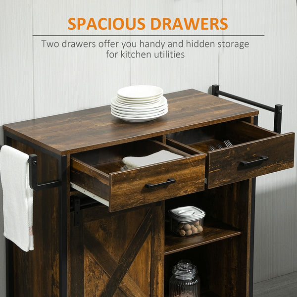 English Elm HOMCOM Rustic Brown Industrial Kitchen Cart with Rolling Wheels, Adjustable Shelf, Drawers & Barn Door Storage W2225P217417