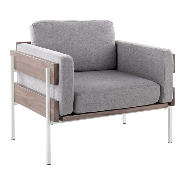 English Elm Kari Farmhouse Accent Chair with Grey Fabric, Wood Panel & White Metal Frame — Cushioned Luxe Seating B202S01295