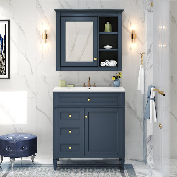 English Elm 30'' Modern Bathroom Vanity with Integrated Mirror Cabinet, Ceramic Sink, 3 Drawers & Ample Storage Blue SW000126AAC-1