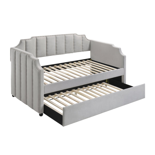 English Elm Dove Velvet Tufted Daybed with Trundle — Dove Gray Arched Back, Chrome Nailhead Trim, Black Legs (Twin) B062S00473