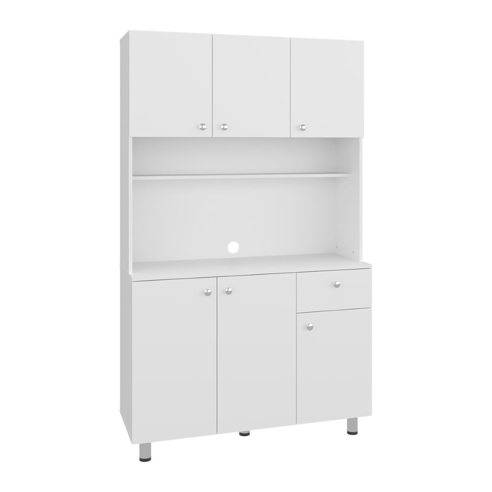 English Elm White Tall Kitchen Pantry Cabinet with Microwave Shelf Open and Enclosed Storage B062S01857