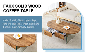 English Elm Coffee modern wood coffee table with double drawers, tempered glass sides, sleek storage & easy assembly W1151P191785