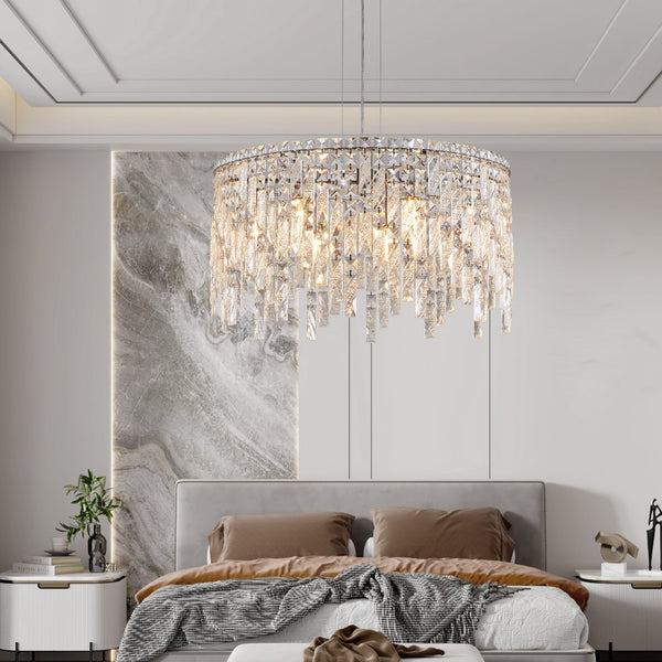 English Elm 24" Luxurious Crystal Chandelier Round Silver Chrome Pendant Light for Dining Living Bedroom Elegance W2312P374966