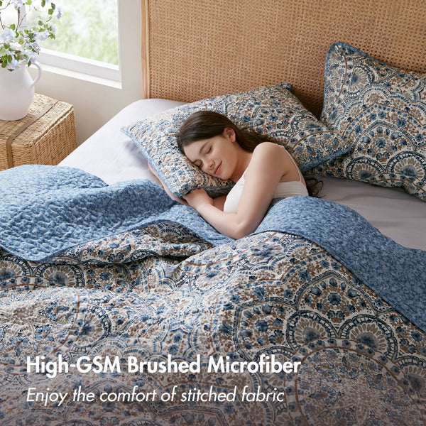 JLA Home Super Listing - Boho Valerie Reversible Quilt with Watercolor Medallion and Tonal Floral, Ultra‑Soft Brushed Microfiber Blue AM14-0593