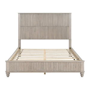 English Elm Solid Rubberwood Queen Platform Bed Tall Headboard Vertical Grain No Box Spring Beige W5819S00002