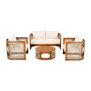 English Elm Christopher Knight Home® - 4-Piece Patio Seating Group Premium Acacia Wood Outdoor Set with Curved Tub Design & Woven Rope Accents, Water-Resistant Cushions and Slatted Table Finish Teak+ Beige N767P269282A