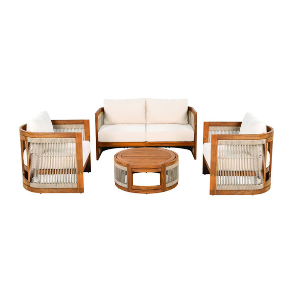 English Elm Christopher Knight Home® - 4-Piece Patio Seating Group Premium Acacia Wood Outdoor Set with Curved Tub Design & Woven Rope Accents, Water-Resistant Cushions and Slatted Table Finish Teak+ Beige N767P269282A