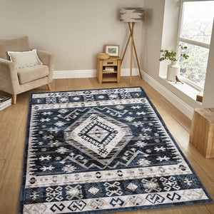 English Elm Area Rug 6X9 Vintage Bohemian Persian Geometric Design In Blue/Black - Non-Slip & Washable! W2907P265132