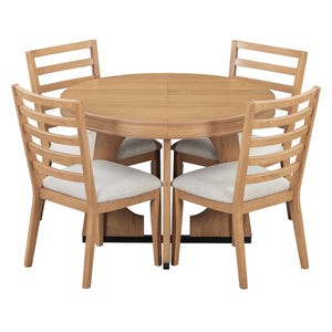 English Elm TREXM Retro Extendable Dining Set for 4 with 16" Leaf, Upholstered Chairs, Mid-Century Geometric Flair Natural ST000131AAD