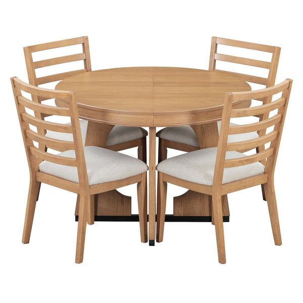 English Elm TREXM Retro Extendable Dining Set for 4 with 16" Leaf, Upholstered Chairs, Mid-Century Geometric Flair Natural ST000131AAD