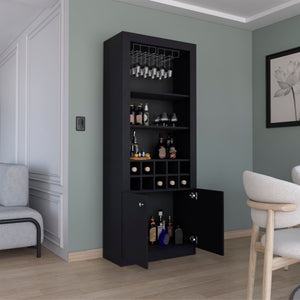 English Elm Nero 74-Inch Tall Bar Cabinet — Modern Black Liquor & Wine Storage with 10-Bottle Cubbies, Stemware Rack, 4 Shelves B200P188833
