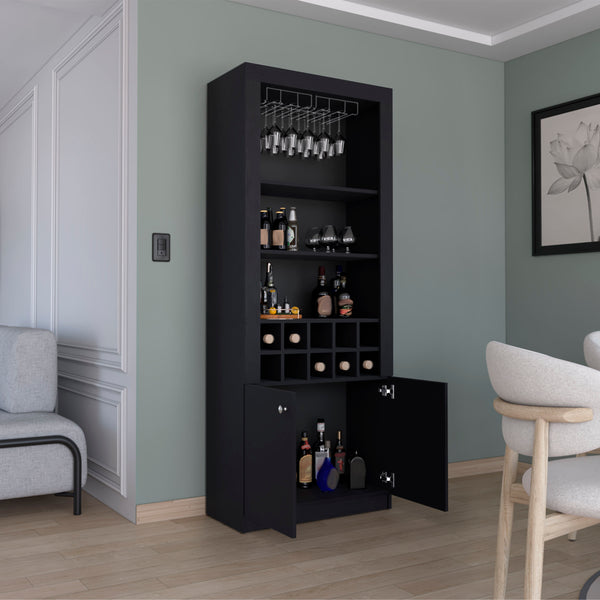 English Elm Nero 74-Inch Tall Bar Cabinet — Modern Black Liquor & Wine Storage with 10-Bottle Cubbies, Stemware Rack, 4 Shelves B200P188833