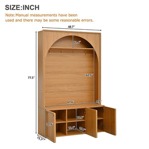 English Elm On-trend Farmhouse Hall Tree Arched Cabinet Storage Bench with Golden Hooks Mudroom Natural N721S000080D