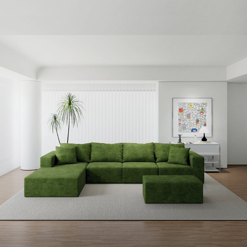 English Elm Modular Cloud Sectional Sofa with Corduroy Upholstery and Two Ottomans for Living Room W3341S00004