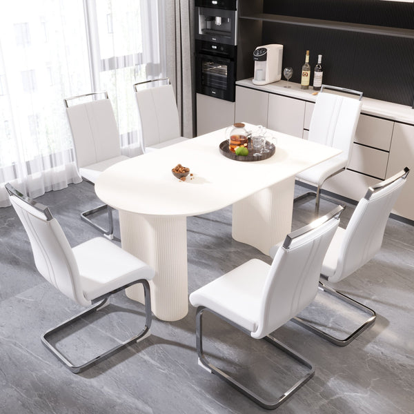 English Elm 63 Modern Cream Mdf Dining Table Set With 6 Armless Pu Chairs, Stylish & Durable For Any Space W2189S00432