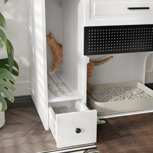English Elm Cat Hidden Litter Box Furniture with 2 Drawers & Door, MDF Cat House End Table for Living Room, White/Brown N704P287849D