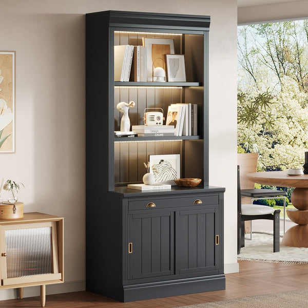 English Elm 83.4"Tall Modern Bookshelf With Led Lighting, Sliding Doors & Open Shelves For Stylish Storage Solutions N751S280596B