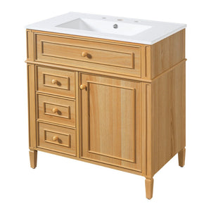 English Elm 30" Pine Wood Bathroom Vanity with Ceramic Sink Soft Close Drawers and Vintage Knobs N725P375498N