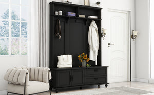 English Elm [New Modern Hall Tree with Storage Cabinet & 2 Drawers, Wide Mudroom Bench, 5 Hooks, Black, 80.3"H WF306450AAB
