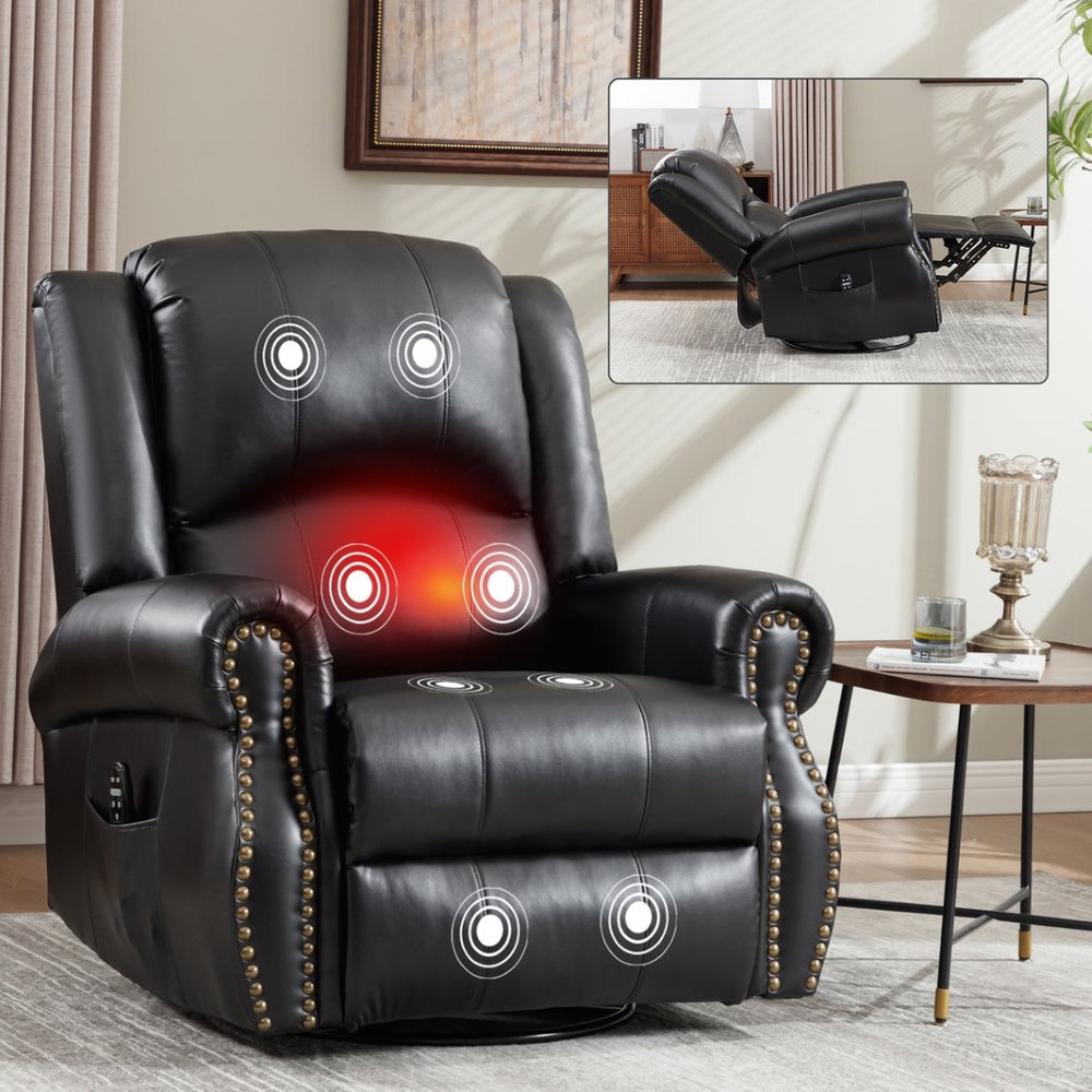 English Elm Heat Massage Rocker Swivel Recliner Chair with Lumbar Relief Nodes for Living Room Black W3224S00032