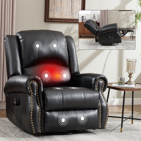 English Elm Heat Massage Rocker Swivel Recliner Chair with Lumbar Relief Nodes for Living Room Black W3224S00032
