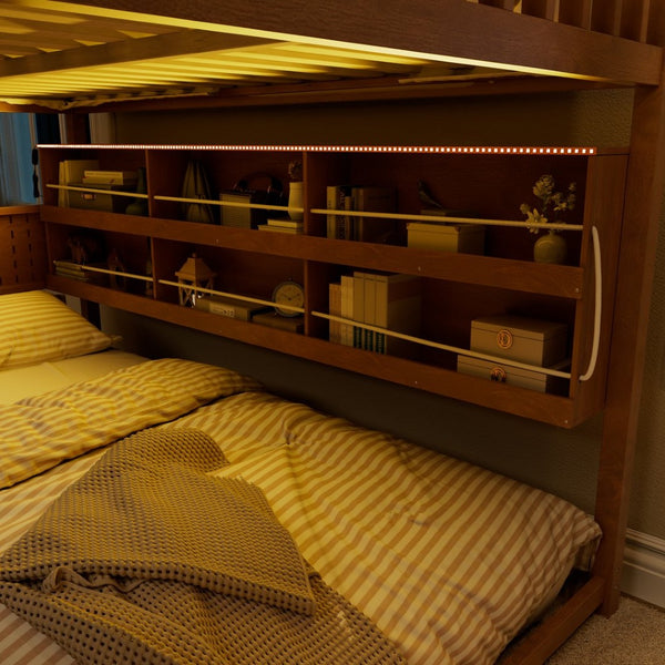English Elm Full Over Bunk Bed with Led Lighting Pegboard Shelving and Pine Wood Frame Brown LT000278AAP