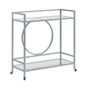 English Elm Contemporary Rolling Bar Cart with Tempered Glass Shelves and Gray Metal Frame B356P367947