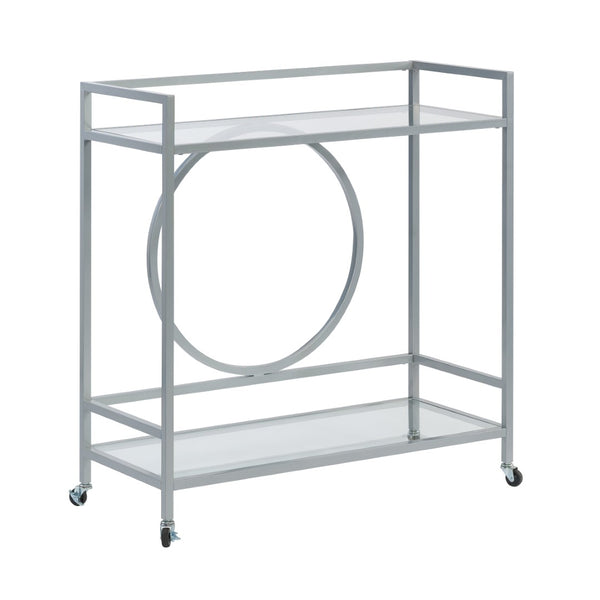 English Elm Contemporary Rolling Bar Cart with Tempered Glass Shelves and Gray Metal Frame B356P367947