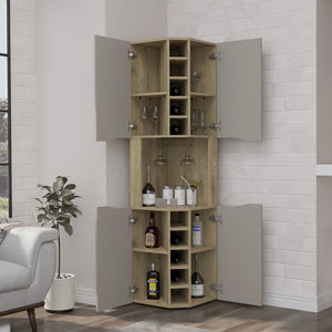 English Elm Obregon Corner Bar Cabinet with Ten Slot Wine Rack and Stemware Storage in Warm Neutral B200S00391