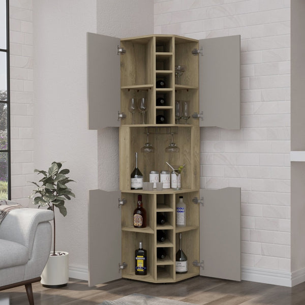 English Elm Obregon Corner Bar Cabinet with Ten Slot Wine Rack and Stemware Storage in Warm Neutral B200S00391