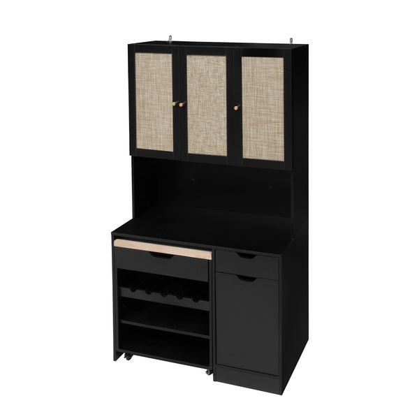 English Elm 69.29" Modern Buffet Cabinet with Cable Hole Cover, Mobile Kitchen Cart, Adjustable Shelves & Rattan Doors, Black W688S00054